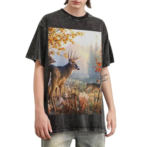 T-shirt surdimensionné cerf vintage délavé en coton col rond pour homme décontracté