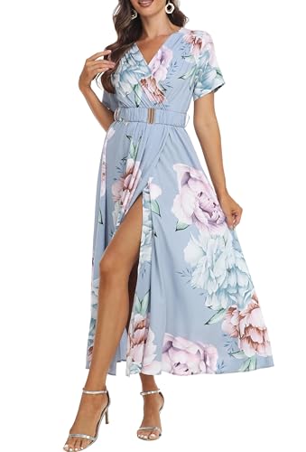 Image of VintageClothing Womens Floral V-Neck Wrap Midi Dress Summer Maxi Dresses 2026 Casual Belted Boho Long Dress Flowy Beach Party Wedding Guest Dresses L