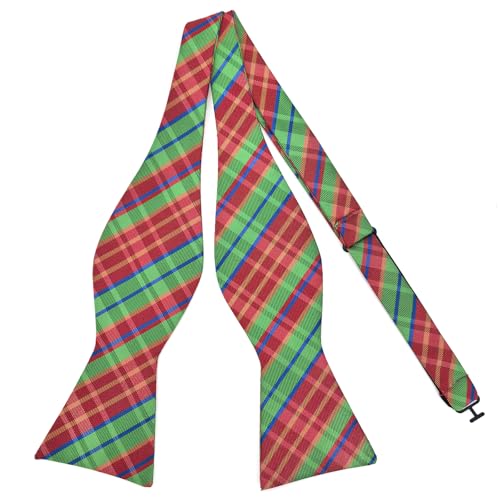 PenSee Mens Self Bow Tie Red & Green & Multi-color Plaids Woven Silk Bow Ties