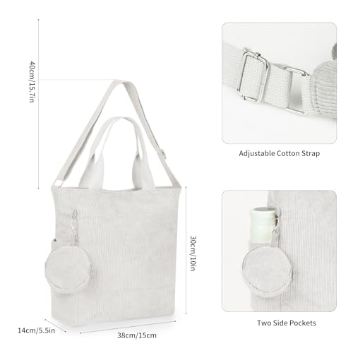 Image of Corduroy Tote Bag with Zipper for Women Teen Girls Medium Messenger Bag Hobo Handbag for Casual Work Shopping (Beige)