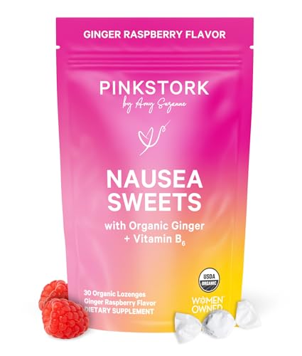 Pink Stork Organic Ginger Raspberry Sweets with Vitamin B6 for Morning Sickness and Motion Sickness, Added Ginger & Vitamin B6, 1st Trimester Pregnancy Must Haves - 30 Wrapped Candies