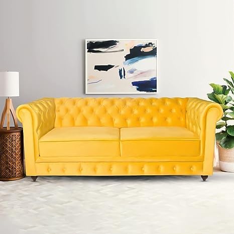 Image of Solid Wood Velvet Fabric L Shape Sofa Sofa for Living Room Button Tufted Sofa Chair for Home & Office (Left Aligned L-Shaped (3 Seater Yellow)