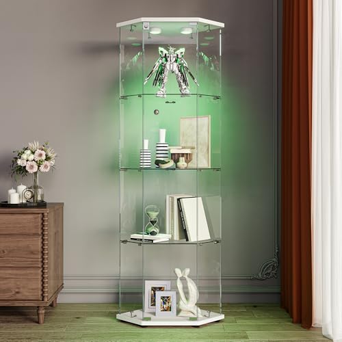 Vitrine Pentagonale avec éclairage LED, Armoire de Collection Moderne avec 1 Portes et 4 étagères, Meuble Vitrine Verre pour Collection, pour Salon, Chambre...