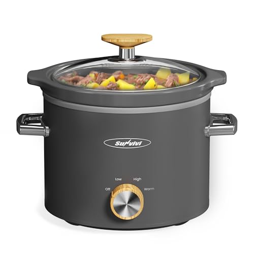 Sunvivi Small Slow Cooker with Removable Ceramic Pot, Food Warmer with 3 Heating Settings & Dishwasher Safe Glass Lid, Grey