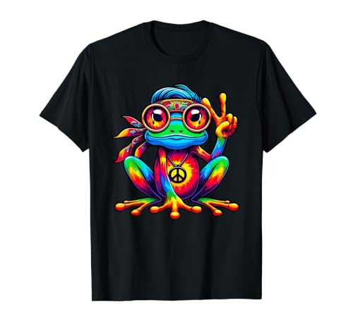 Image of Tie-Dye Hippie Frog, Peace Sign, 70s Party & 60s Costume Value Graphic T-Shirt, Men, Black, L