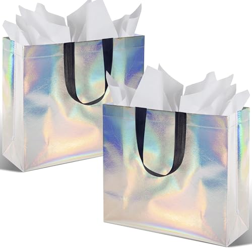 BLEWINDZ 32Pcs Small Paper Gift Bags with Tissues, Iridescent Party Favor Bags with Handles, Holographic Silver Gift Bag for Wedding Baby Shower Birthday Party Supplies