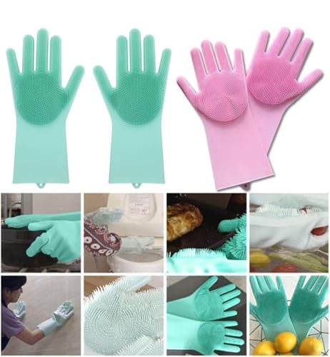 Image of Silicone Dishwashing Gloves with Built-In Scrubber | Reusable Cleaning Gloves for Kitchen & Household Use | Heat Resistant Hand Gloves for Washing Dishes & Plate Cleaning (Multicolour Pair 1)