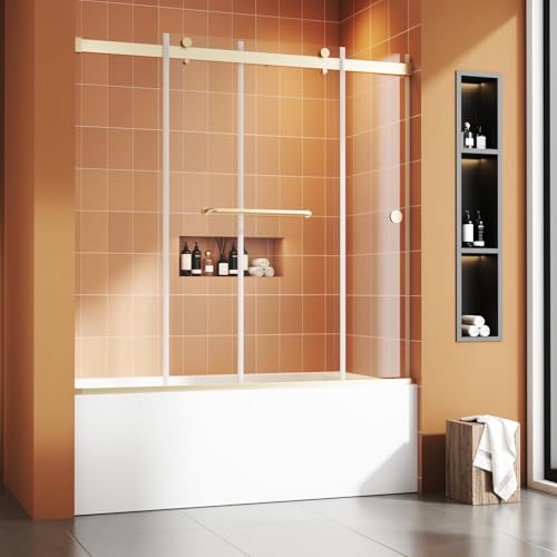 Image of Bathtub Sliding Door 55 inch-60 inch W x 56 inch H Tub Shower Door, Frameless Bypass Bathtub Door Glass, Double Sliding Tempered Glass with Explosion-Proof Film Stainless Steel Gold