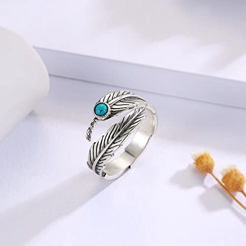 Manbu Sterling Silver Turquoise Feather Ring: Women Men Feather Adjustable Ring Vintage Style Western Jewelry Gifts For Teens Girls #TOP3