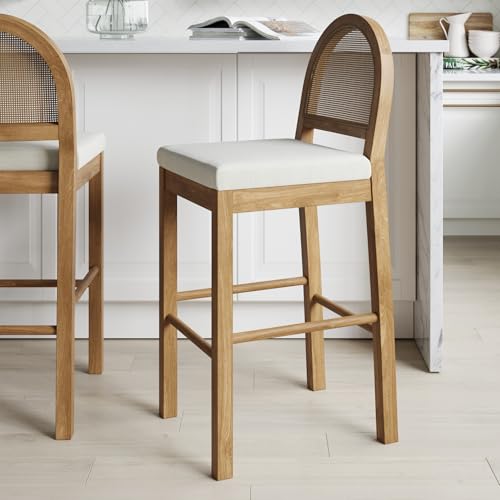 Nathan James Bailey 29 in. Boucle Bar Stool with Back, Bar Height Chair with Natural Woven Rattan Back and Solid Wood Legs, Light Brown