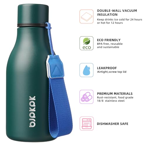 Image of BJPKPK Insulated Water Bottles, 12oz Stainless Steel Metal Water Bottle with Strap, BPA Free Leak Proof Jugs, Mugs, Flasks, Reusable Thermal Flasks for Sports & Travel, Army Green