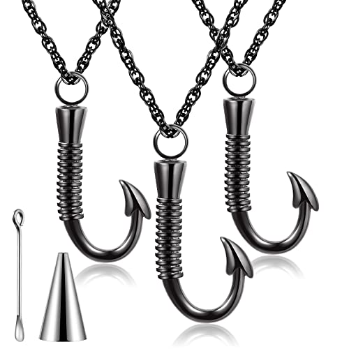 Set of 3 Fishing Hook Urn Necklace for Ashes Black Fish Hook Stainless Steel Cremation Jewelry Ash Keepsake Memorial Pendant for Men Father Day