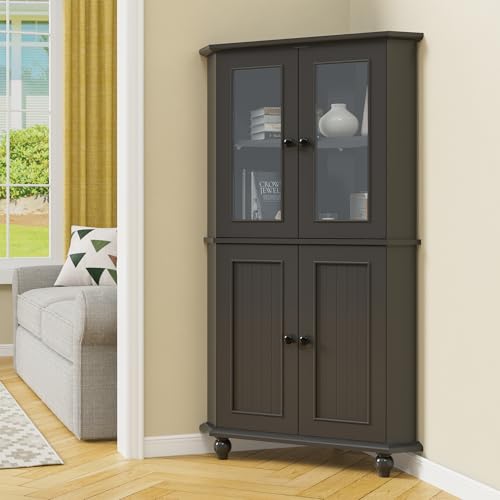 Scurrty Tall Corner Shelf Cabinet with 4 Doors & 2 Tiers, Free-Standing Storage Organizer for Living Room, Dining Room & Bathroom (Black)