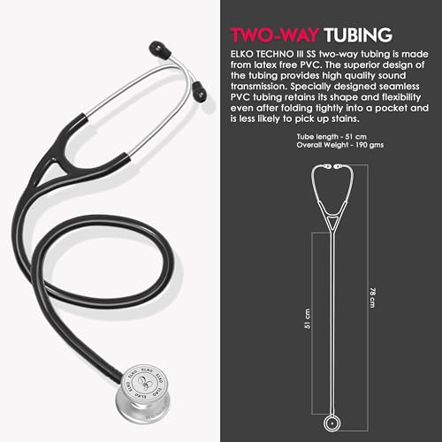 Image of ELKO TECHNO III SS Stainless Steel Stethoscope with ENGRAVING | Engrave Your Name or Initials on the Chest Piece | Lightweight Double-Sided Stainless Steel Chest piece | Two-Way PVC Tubing | Ideal for Doctors & Medical Students (Black)