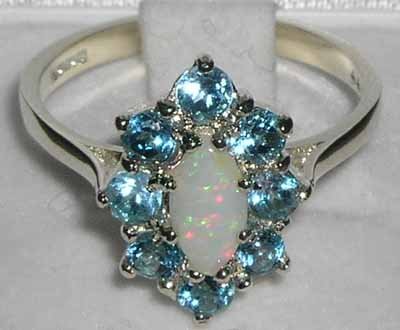 925 Sterling Silver Natural Opal & Blue Topaz Womens Statement Ring - Size 10 #TOP4