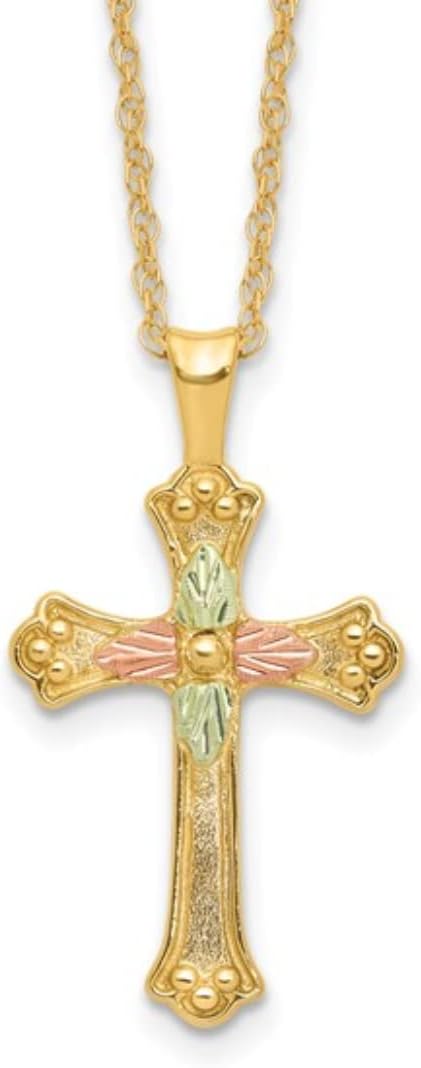 Grooved Cross Pendant Necklace 10k Yellow Gold Black Hills Gold, 12k Green & Rose Gold Grape Leaf Design, Passion Flower Religious Pendant, 18" Chain, Religious Christian Jewelry Gift