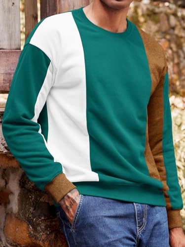 Image of Runcati Mens Color Block Sweatshirt Pullover Crewneck Long Sleeve Fleece Casual Ribbed Patchwork Fall Tops