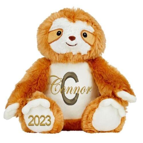 Personalised Teddy Bear and Animal Soft Plush Toys with Name & Initial, Christening, Baby, Birthday Gift (Sloth)