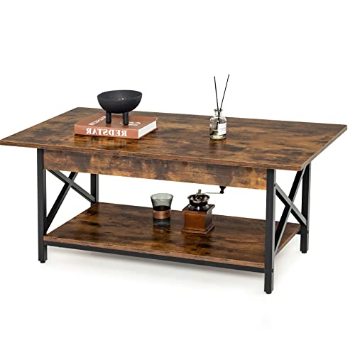 LIFEZEAL Table Basse, Table de Salon avec Grand Plateau 110 x 60 x 48 cm, Meuble de Salon avec Structure en Acier, Design Industriel, Style Scandinave (Marron...