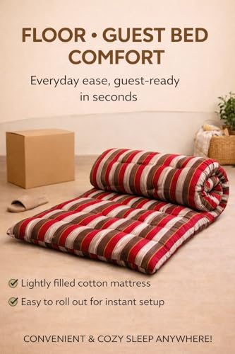Image of Adim's Handmade Traditional Quilt Gadda Mattress, Red Lining, Small Single, Pure Cotton Fabric, Cotton Filled, Firm, Reversible Design, 2.5 x 6 ft or 72 x 30 Inches