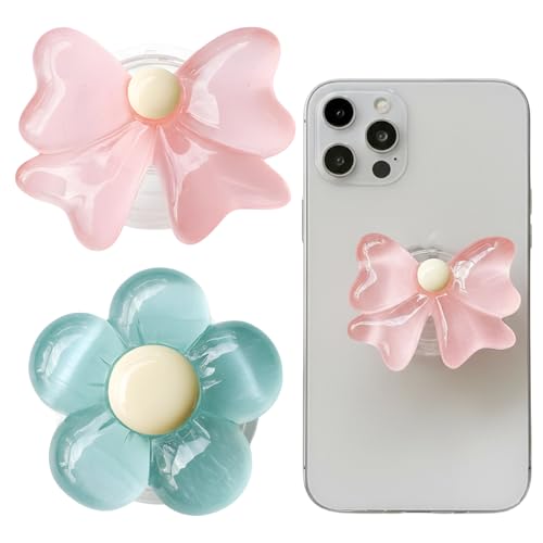 2Pcs Mobile Phone Grip Holder, Decorative Phone Accessory with Stand Function, Retractable Crystal Pink Bow and Green Flower Grip with Compatible Mobile Phone Extendable Base Stand for Smartphone