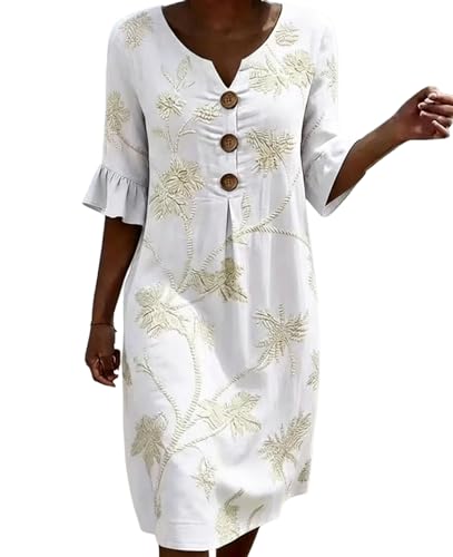 Robe d'été pour femme avec manches 3/4 à volants et boutonnage vintage chic