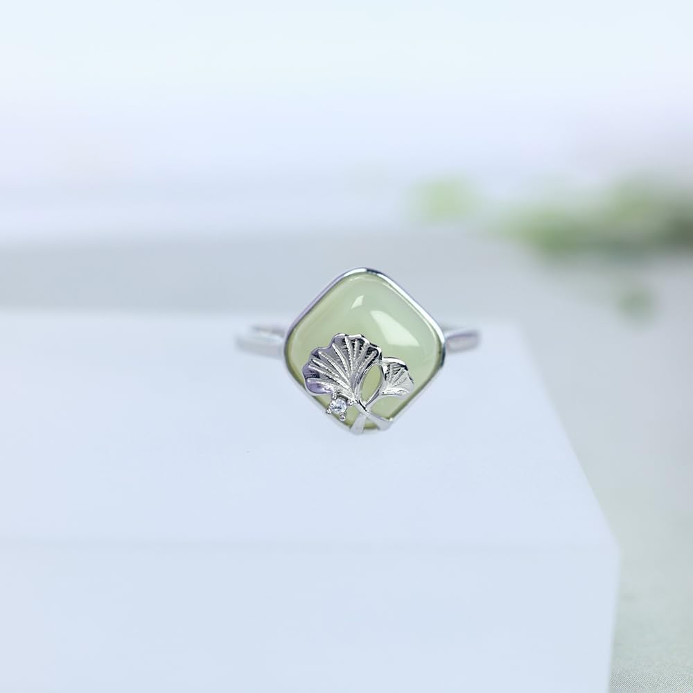 S925 Silver-Inlaid Natural Cyan White Jade Square Ring Opening Adjustable Including Certificate 1