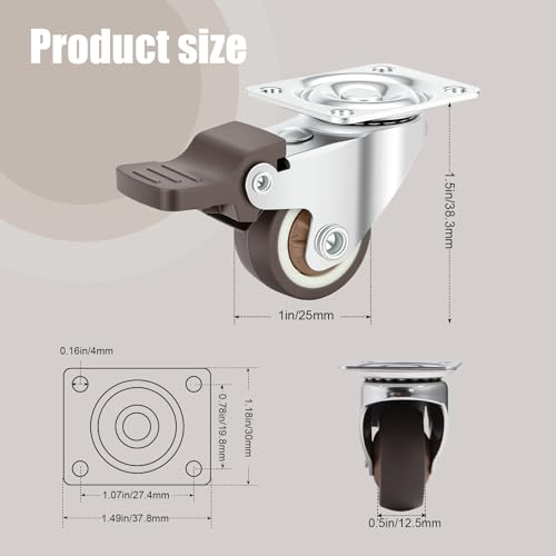 Nefish 4 Pack 1" Small Caster Wheels for Furniture Low Profile Soft Rubber Casters Swivel Plate Castors Rolling Smooth, Load Capacity 100 Lbs for Set of 4 (2 with Brake and 2 Without) by Nefish - Image 2