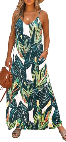 Image of Bluetime Women Summer Spaghetti Strap Maxi Dress V-Neck Sleeveless Flowy Boho Floral Beach Long Dress with Pockets