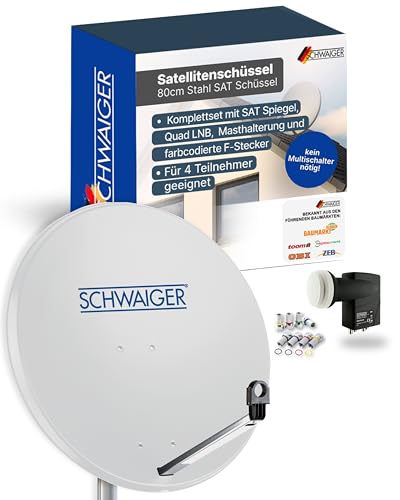 SCHWAIGER Satellitenschüssel Komplettset - Ø80 cm Stahl Offset Antenne in Hellgrau - Inkl. sonnengeschütztes Quad LNB 4-Fach - Digital HD & 4K Empfang - Integrierte Kabelführung & wetterfest