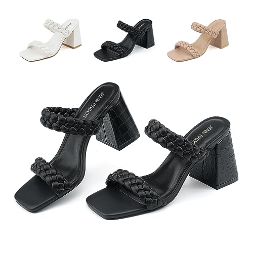 JENN ARDOR Women's Heeled Sandals Chunky Heel Square Toe Strappy Braided Sandals for Women Mules Heels Comfortable Slide Dress Sandals - Main Image