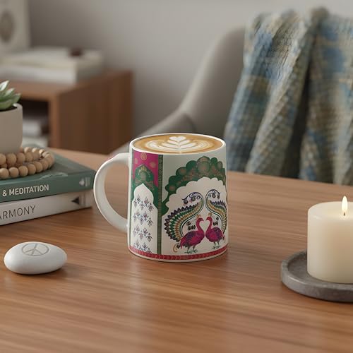 Image of miah decor Neelmayur Royale Collection Handcrafted Ceramic Coffee Cups Set of 2 | Mughal Peacock Design Tea & Coffee Mugs | Green & Maroon on Cream Base | Microwave & Dishwasher Safe