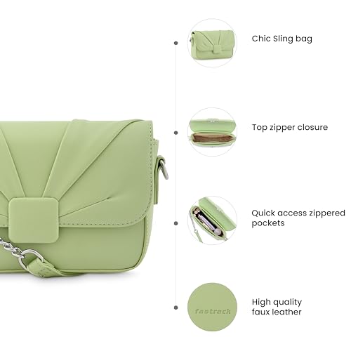 Image of Fastrack Sling Bag for Women | Semi PU Handbag with Top Zipper & Button Flap Closure | Stylish Crossbody with Chain Sling Strap for Casual & Party Use