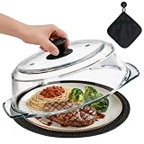 CabyGift Glass Microwave Splatter Cover for Food with Silicone Trivet & Oven Mitt, Sturdy Glass Plate Splatter Guard Lid with Vent Holes & Easy-Grip Knob - BPA Free, Dishwasher Safe - 9.5inch