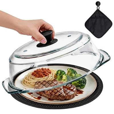 CabyGift Glass Microwave Splatter Cover for Food with Silicone Trivet & Oven Mitt, Sturdy Glass Plate Splatter Guard Lid with Vent Holes & Easy-Grip Knob - BPA Free, Dishwasher Safe - 9.5inch
