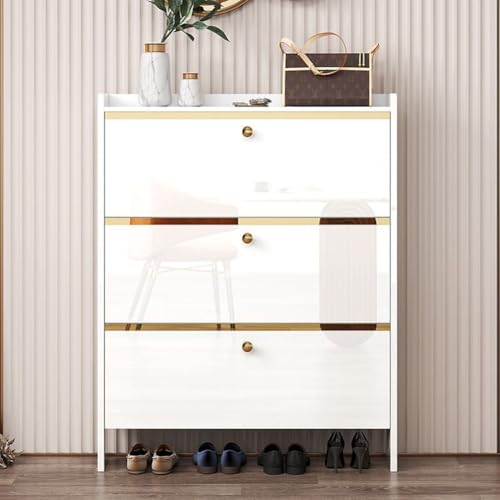 Shoe Storage Cabinet Free Standing Narrow Shoe Rack Cabinet with 3 Flip Drawer, Slim Hidden Shoe Cabinet Entryway Shoe Organizer for Closet, Dorm, Hallway, Small Spaces (White)