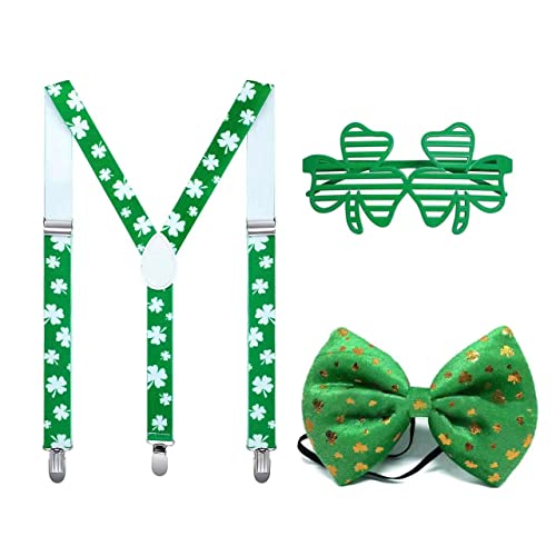 3 piezas de accesorios para disfraces del Día de San Patricio tirantes gafas pajarita con patrón de trébol accesorio de disfraz fiesta temática Carnaval