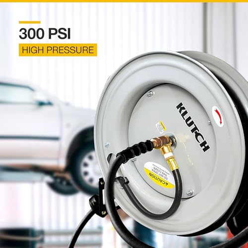 Klutch Auto Rewind Air Hose Reel - with 3/8in. x 50ft. Rubber Hose, 300 PSI