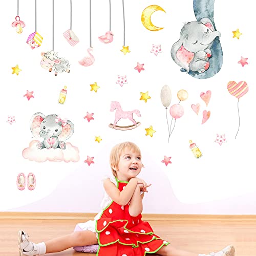 Dessin animé rose bébé éléphant Stickers muraux montgolfière Stickers muraux bébé pépinière autocollants décoratifs lune et étoiles pour fille Cover