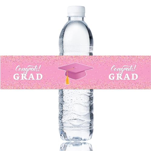 Congrats Grad Water Bottle Labels, Happy Graduation Party Water Bottle Label - 2026 Grad Party Decorations - Graduation Party Supplies 32 Stickers (Pink)