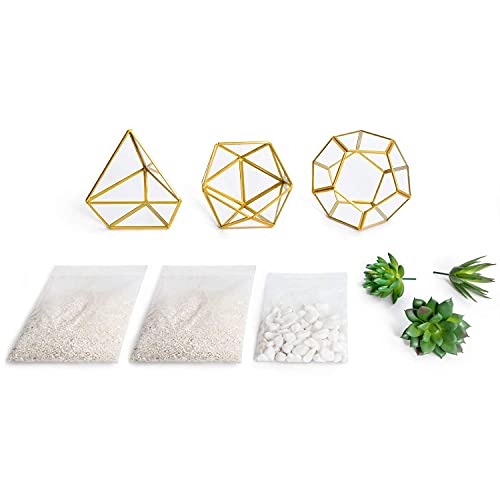 Mkono Artificial Succulent In 3 Pack Mini Glass Geometric Terrarium, Miniature Potted Faux Plant Bookshelf Desk Boho Office Room Decor For Women Girls Dorm Gift Idea, Gold #TOP4