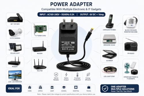Image of Upix 6V 1A SMPS Power Adapter (with DC Pin), Power Supply AC Input 100-240 V for DTH Box, Set Top Box, CCTV Camera, Solar Light, Modem, LCD /LED Monitor, TV Tuner Card, Modem