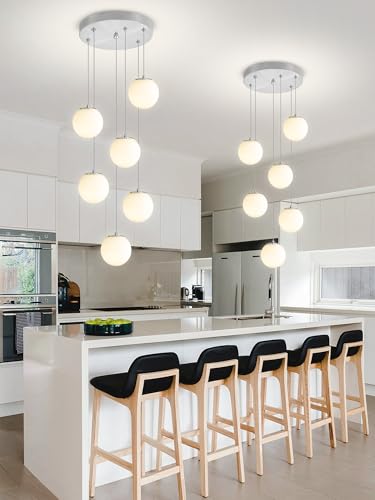 ykolupty 6-Light Silver Chandelier with White Globe Glass Dimmable Ceiling Light Glass Pendant Light for Kitchen Island, Dining Room, Living Room, Entry Hallway, LED Bulbs Included