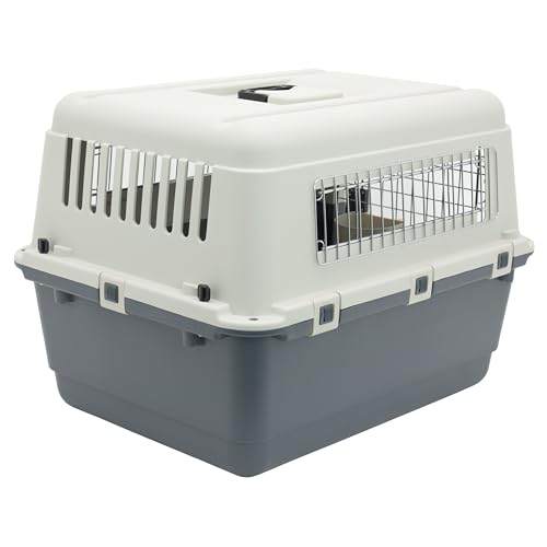 Image of SportPet Airline Compliant MEDIUM 24.25 inch Travel Dog Kennel-Durable Plastic Airline Pet Carrier w /Removable Wheels & Food Bowls, Collapsible Indoor /Outdoor Dog Kennel, Dogs up to 23 inchL & 15 inchH-Cream /Gray