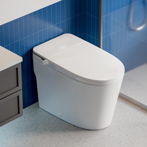 Inodoro inteligente CLIRASS con bidé, inodoro eléctrico con bidé, descarga automática potente, apertura y cierre automáticos, sensor de pie, asiento alargado calefactado (altura ADA), luz nocturna, control remoto con desodorización (blanco)
