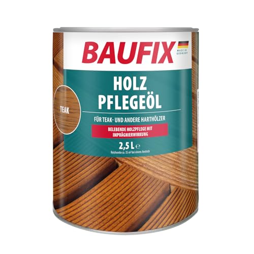 BAUFIX Holz-Pflegeöl teak, seidenmatt, 2.5 Liter, Holzpflege, geruchsmildes Holz Öl für außen & innen, für Holzterassen/Gartenmöbel/Holzgehwege