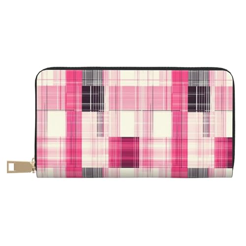 Fashion Pink Plaid Print Wallet Women Men, Long PU Leather Wallets for Women, Cute Womens Travel Wallet Purse Pouch with Zipper Pocket