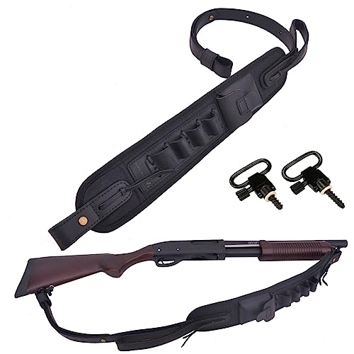 Leather Ammo Holder Rifle Sling Hunting Gun Strap for 30/30 .357 .45 .45-70 .22 12GA 20GA (Black with Swivels, 12 Gauge)