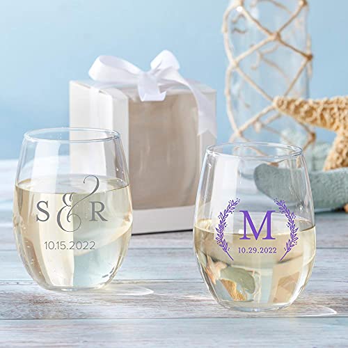 Kate Aspen 9 Oz. Personalized Monogram Floral Wreath Stemless Wine Glass - 36Pcs/Gold - Custom Wedding Favors And Bridal Shower Party Favors With Customized Designs Text Lines #TOP6