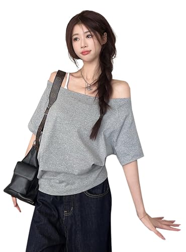 [ＪＩＹＵＴＯＲ] オフショルダー 半袖 tシャツ レディース カットソー ゆったり プルオーバー 肩出し Tシャツ トップス おしゃれ ワンショルダー 大きいサイズ ティーシャツ 韓国風 夏服 (Lグレー) - ＪＩＹＵＴＯＲ - 商品画像